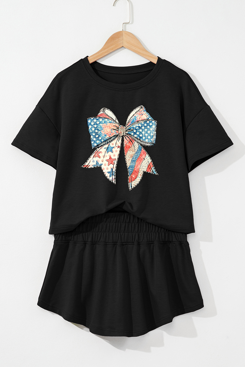 Black American Flag Inspired Bow Print Relaxed Tee and Skort 2pcs Outfit