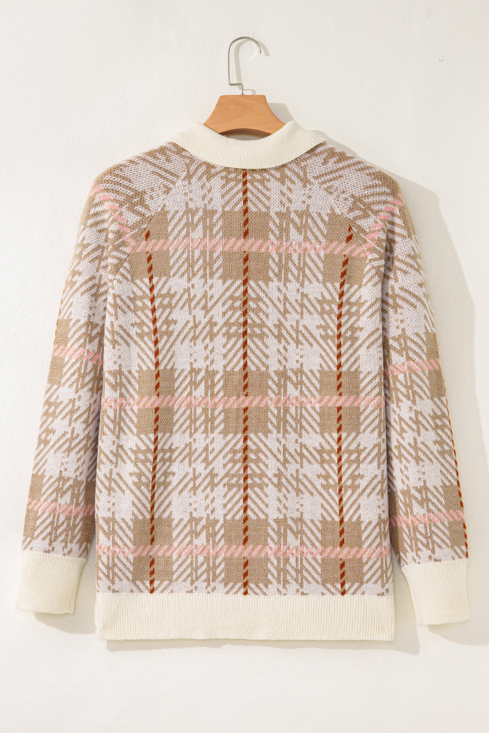 Khaki Vintage Pattern Ribbed Trim Button Front Plus Size Cardigan Sweater