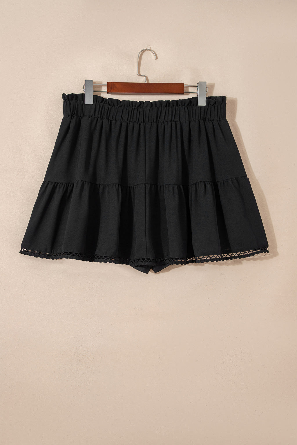 Navy Blue Plus Size Frilled Elastic Waist Lace Trim Boho Ruffled Shorts