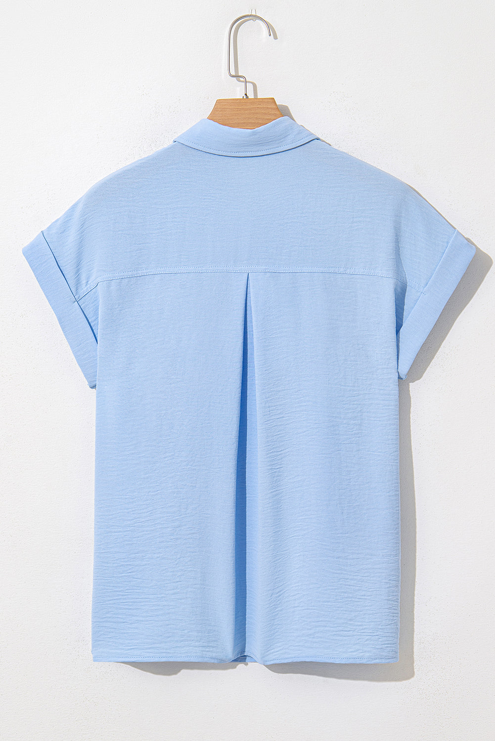 Mist Blue Solid Color Cuffed Short Sleeve Shirt
