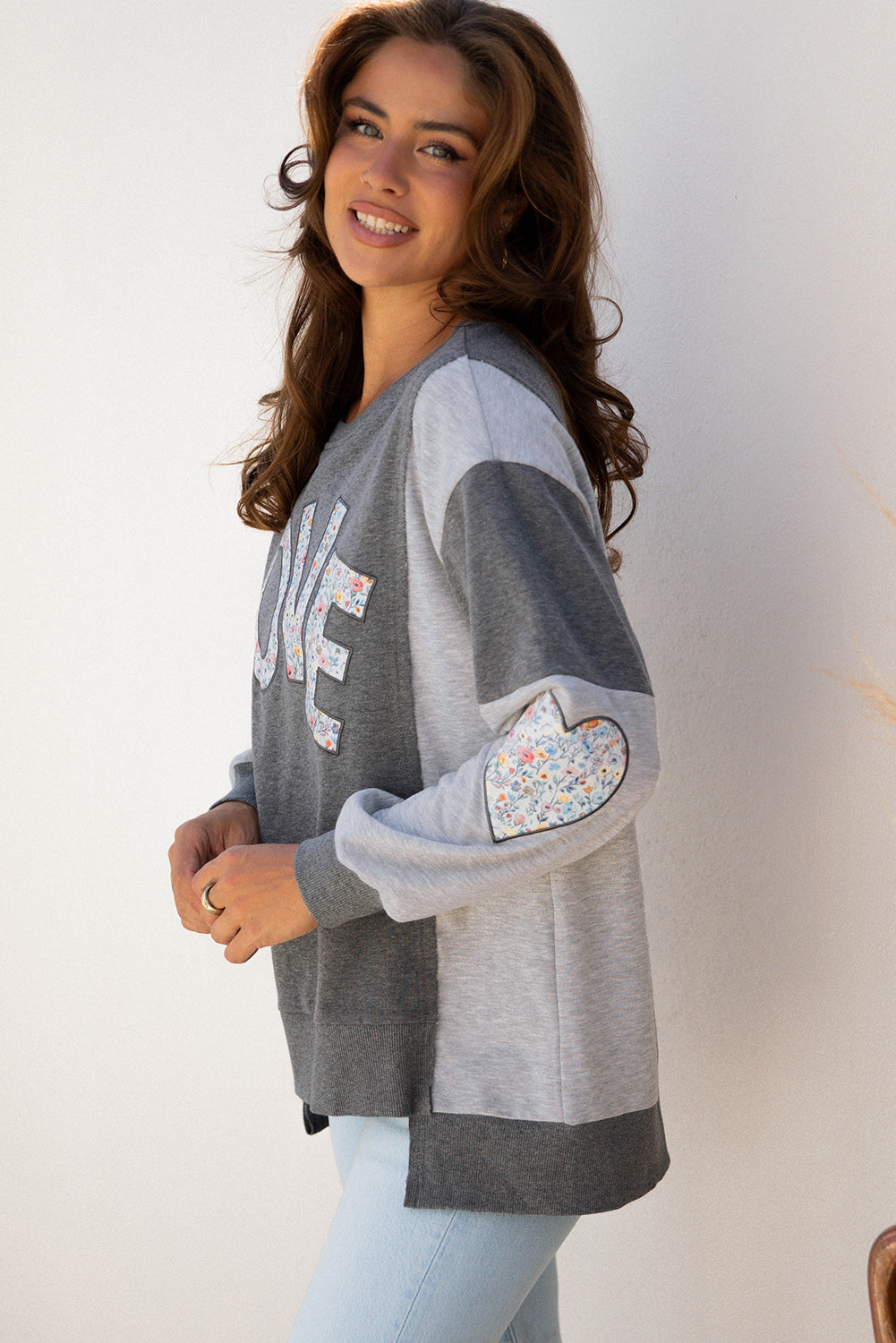 Dark Grey LOVE Graphic Exposed Seam Patchwork Uneven Hem Chic Sweatshirt