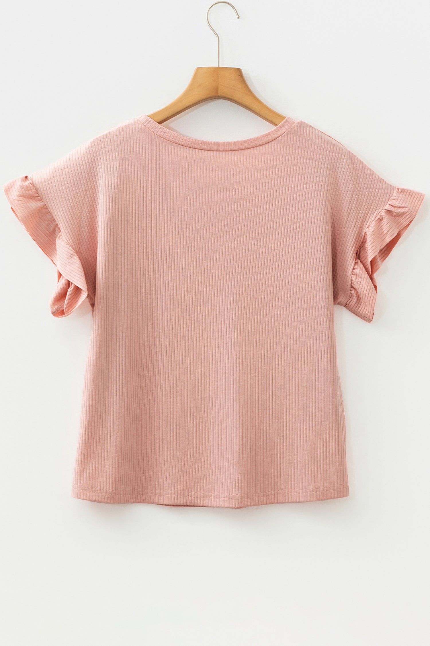 Blackish Green Solid Color Ribbed Ruffled Short Sleeve T Shirt