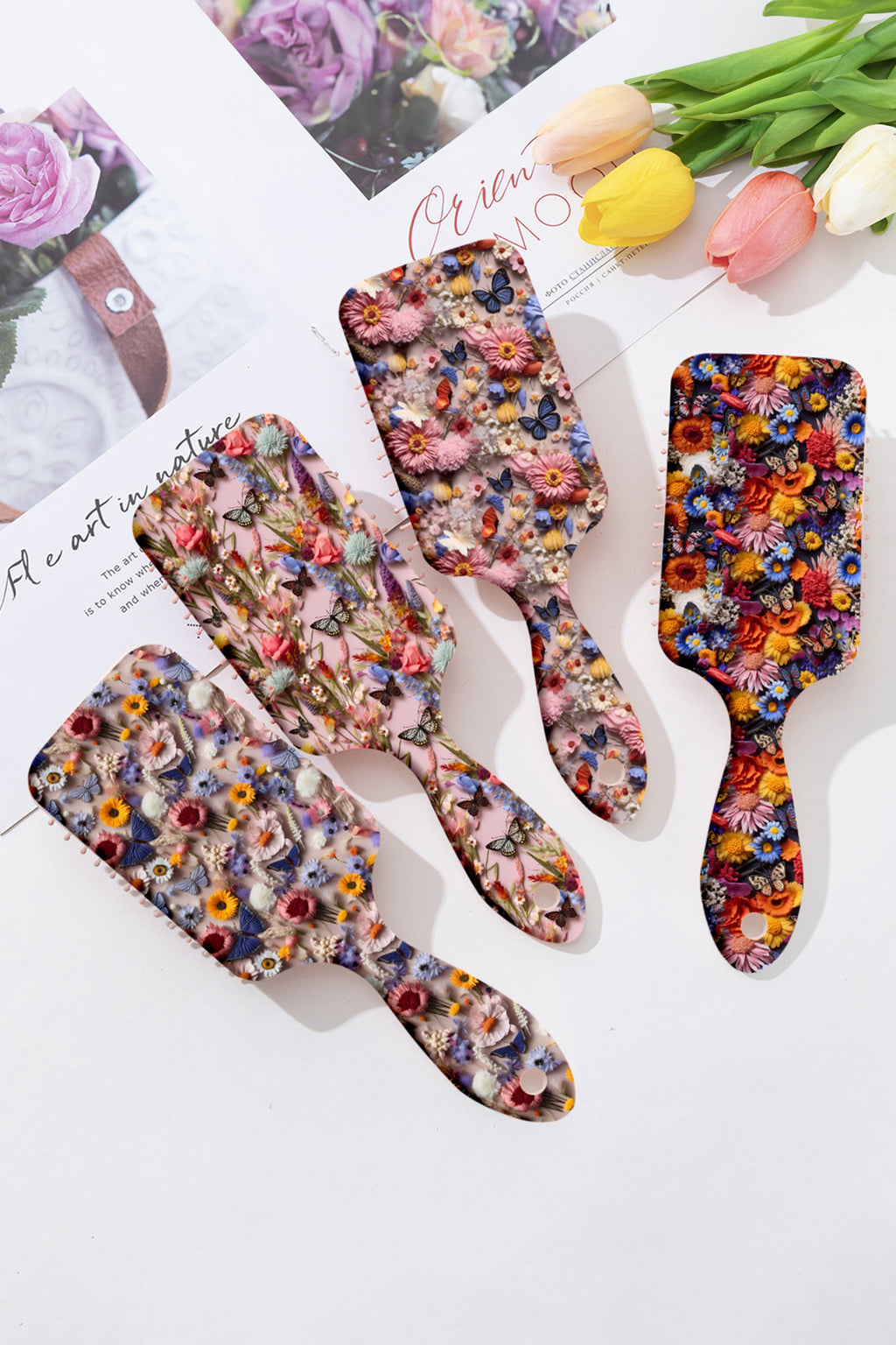 Peach Blossom 3D Flower Butterfly Printed Large Detangle Paddle Hair Brush Comb