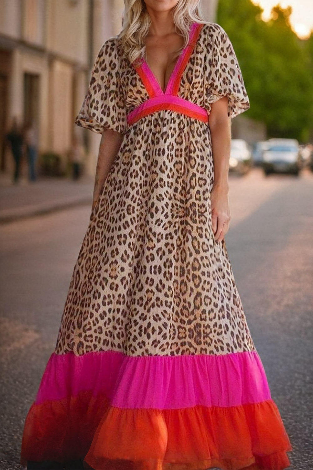 Khaki Cheetah Color Block V Neck Balloon Sleeve Babydoll Blouse