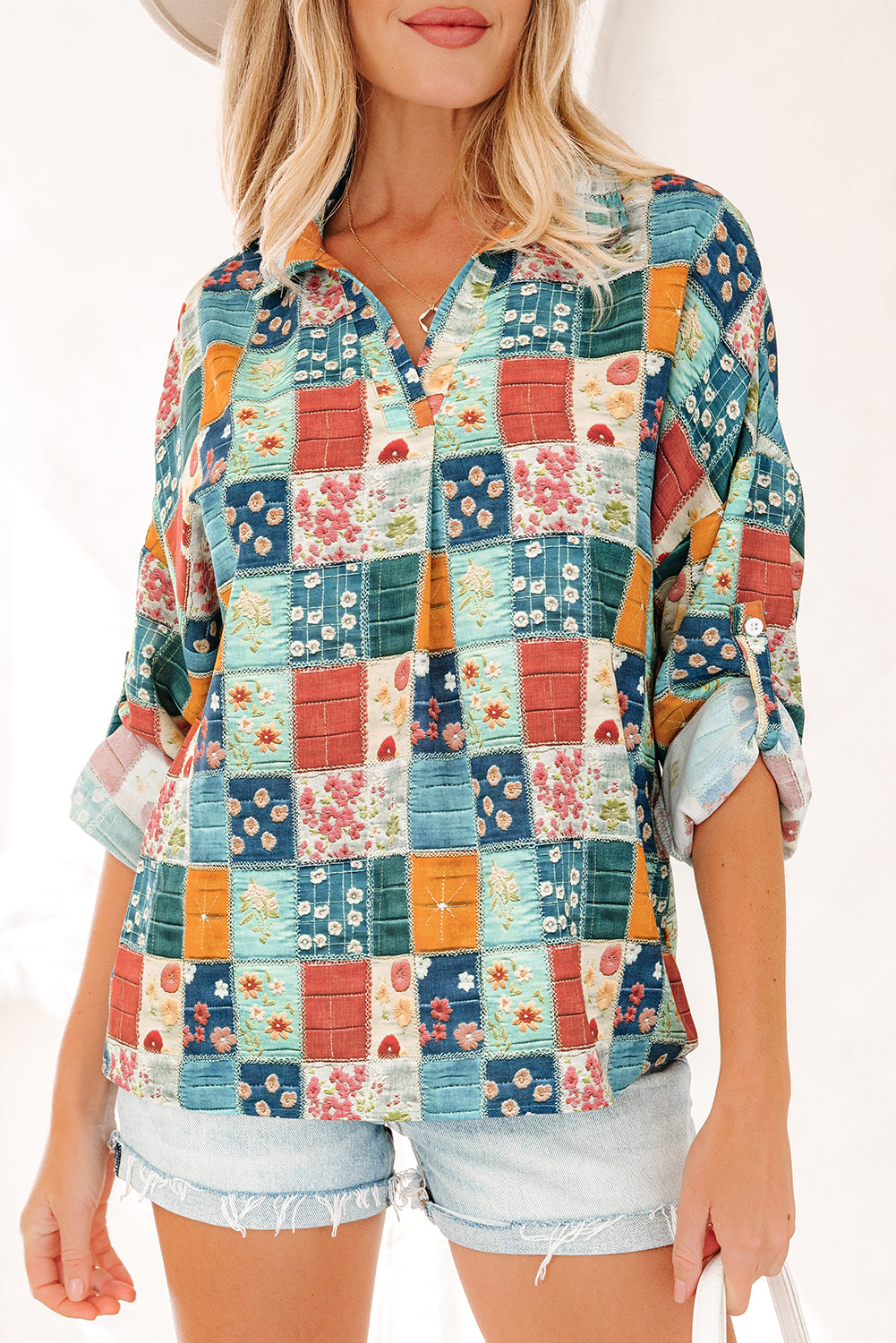 Sky Blue Mix Floral Checkered Pattern Bubble Sleeve Ruffle Hem Dress