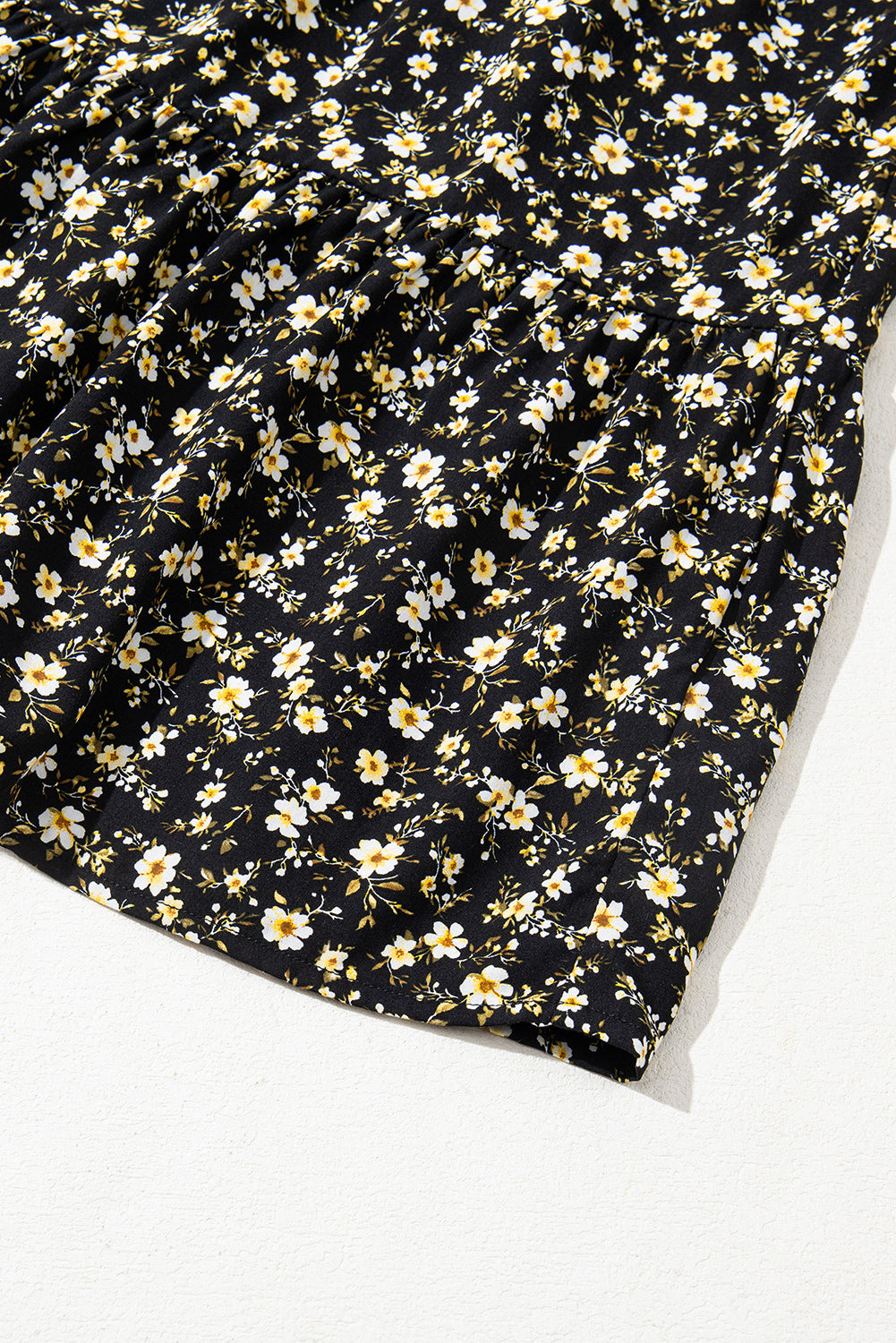 Black Floral Print Wrap V Neck Short Sleeve High Waistband Mini Dress
