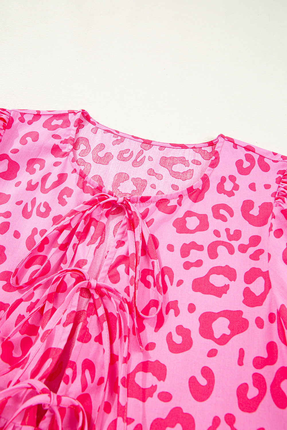 Bright Pink Solid Color Puff Sleeve Tie Front High Waist Mini Dress