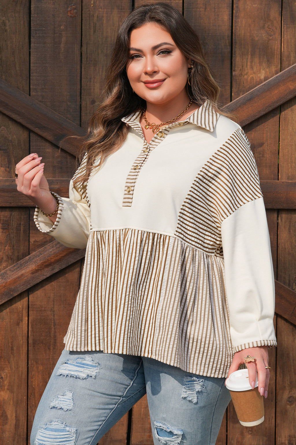 Gray Stripe Half Button Gauze Patchwork Bracelet Sleeve Babydoll Blouse