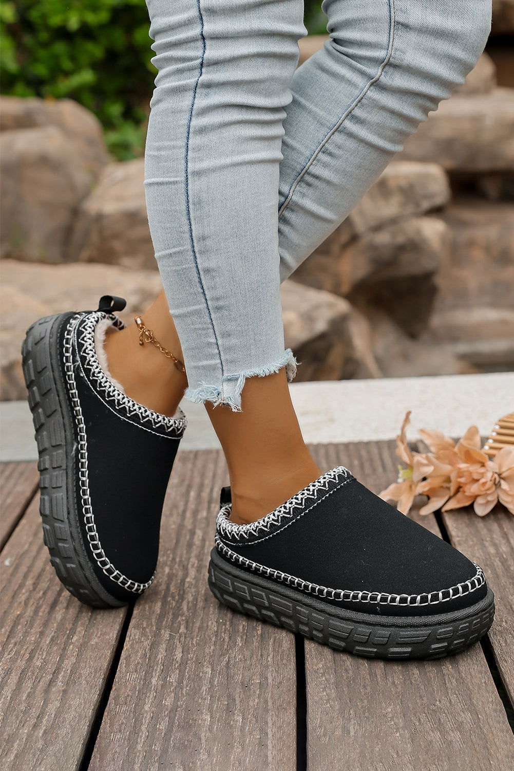 Coffee Contrast Stitch Detail Faux Suede PU Patchwork Plush Winter Clog Slippers