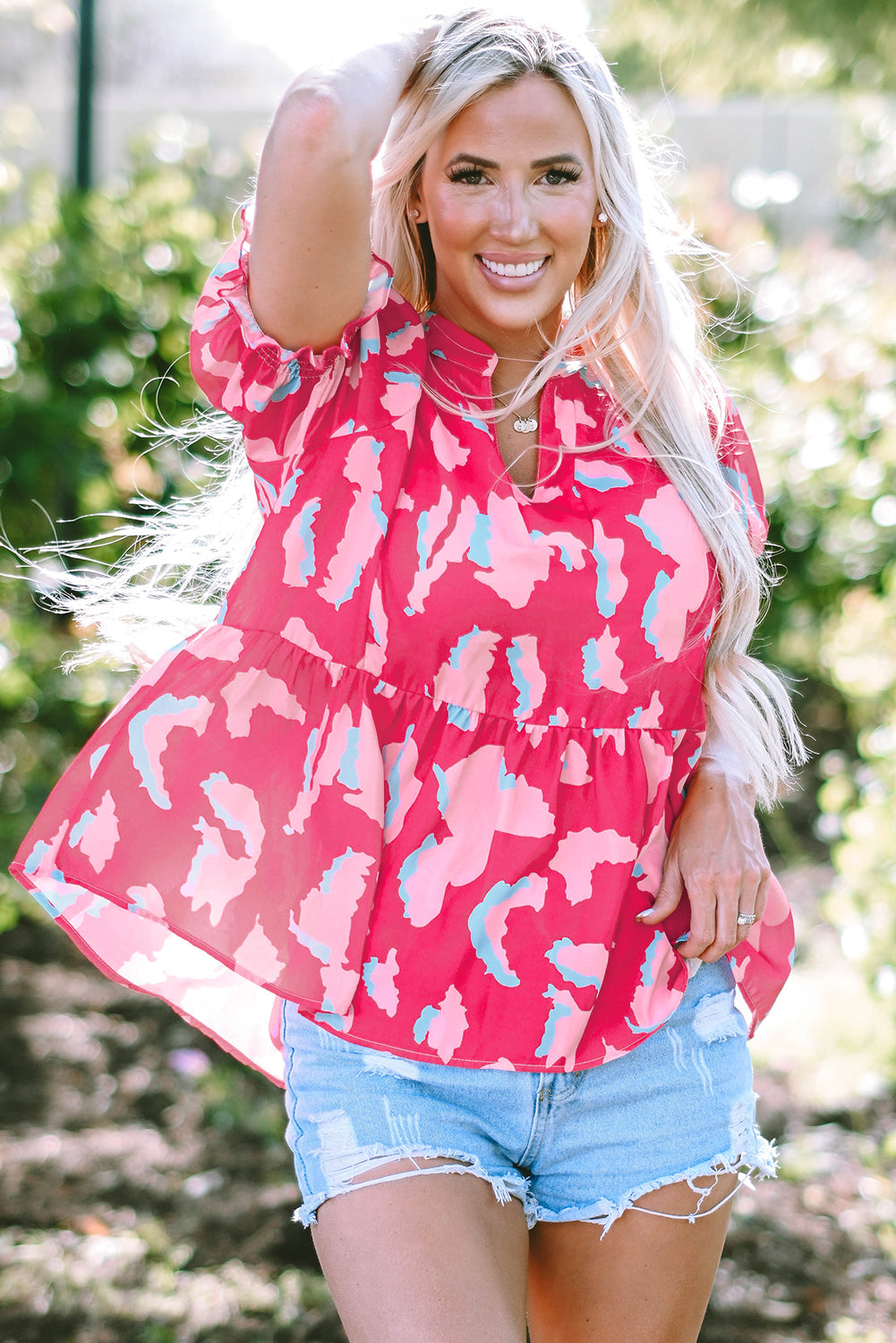 Pink Abstract Printed Puff Short Sleeve Tiered Loose Dress