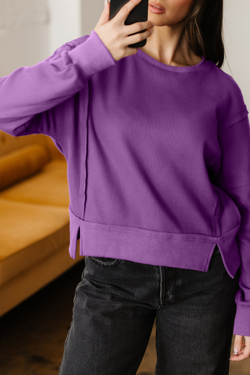 Evergreen Solid Color Raw Seam Patchwork Textured Drop Shoulder Sweatshirt