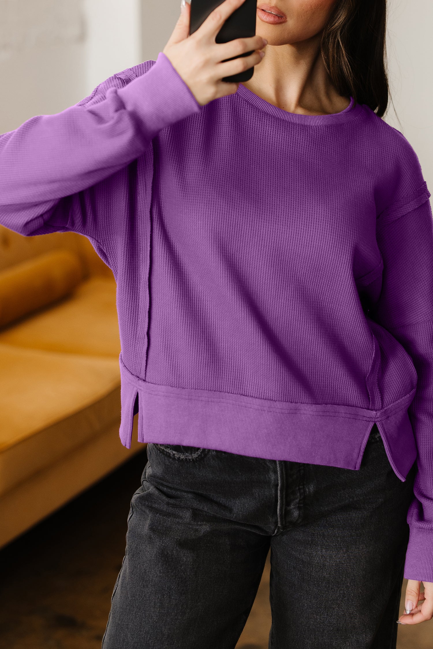 Evergreen Solid Color Raw Seam Patchwork Textured Drop Shoulder Sweatshirt