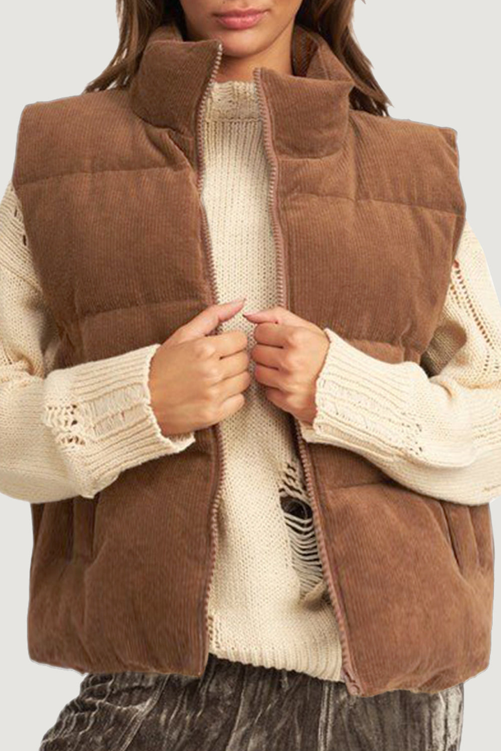 Beige Corduroy Stand Neck Zipped Puffer Vest