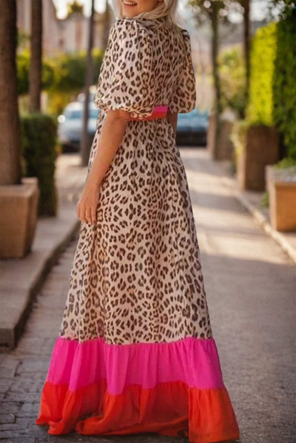 Khaki Cheetah Color Block V Neck Balloon Sleeve Babydoll Blouse