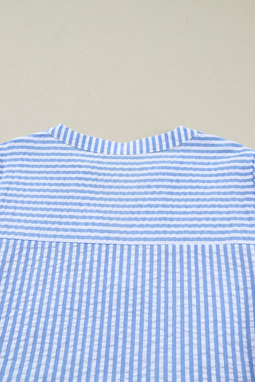 Sky Blue Stripe Seersucker Textured Notched Neck Long Puff Sleeve Tiered Curvy Dress