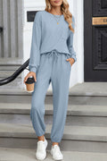 Dusk Blue Solid Color Ribbed Loose Long Sleeve Top Casual Pant Set