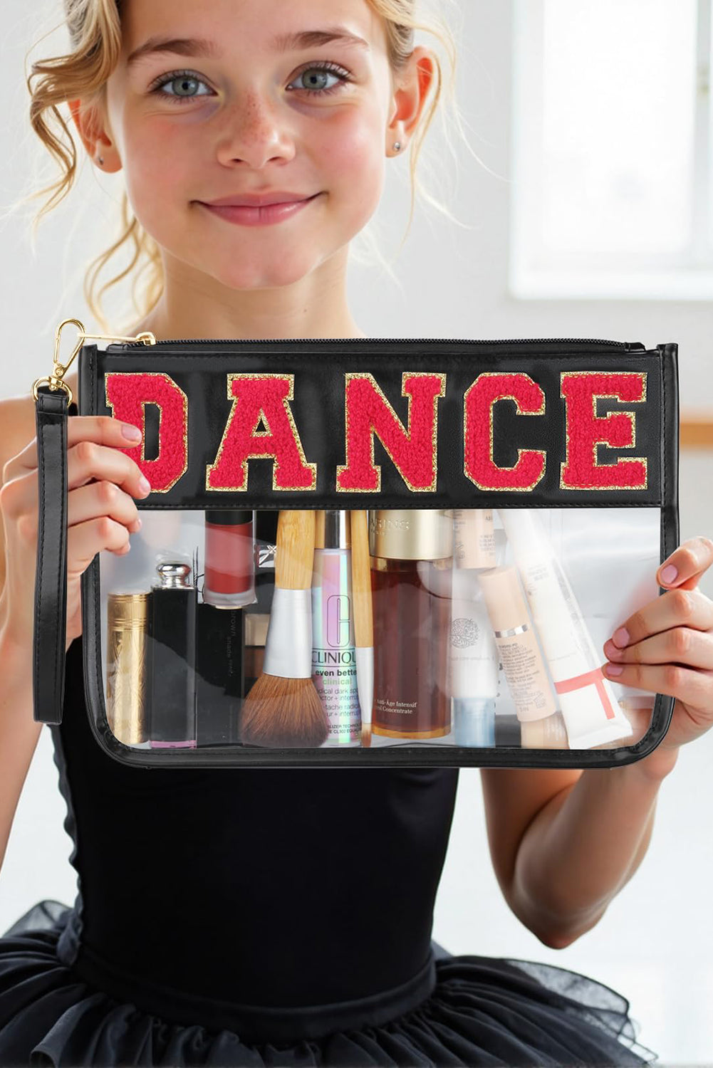 Fiery Red CHEER Chenille Letter PU Leather Patchwork Clear Makeup Bag