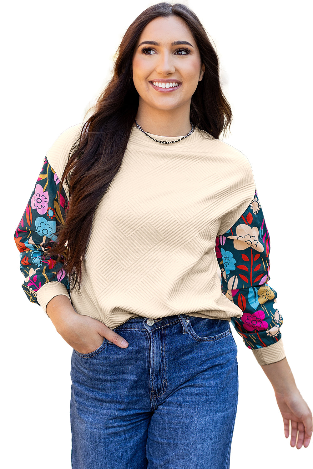 White Floral Patchwork Sleeve Textured Plus Size Pullover Top