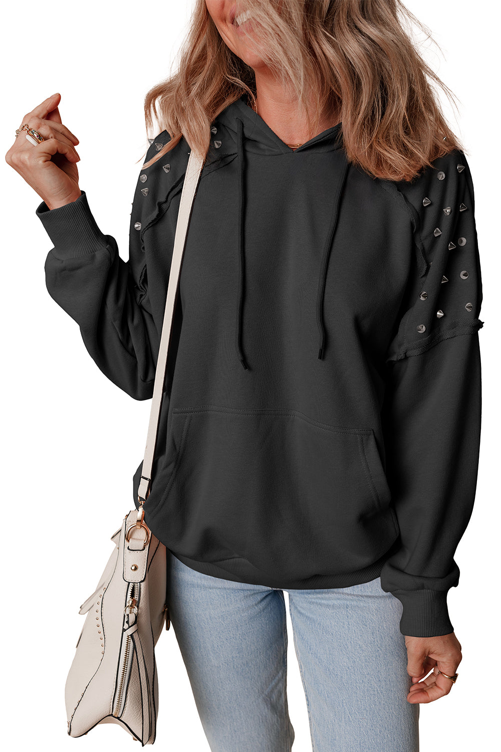 Fushia Solid Color Rivet Stud Raglan Sleeve Hoodie with Pocket
