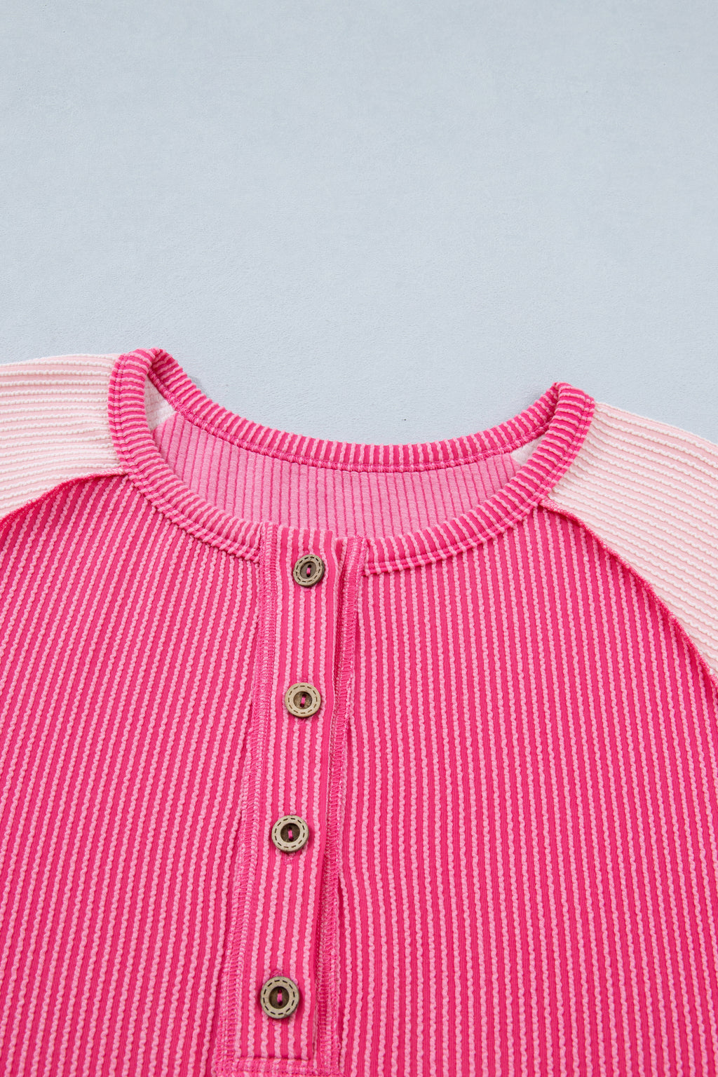 Bright Pink Twisted Ribbed Color Block Patchwork Henley Short Sleeve T Shirt