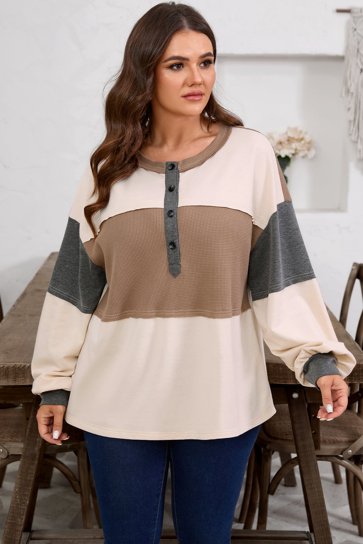 Jet Stream Color Block Waffled Patchwork Loose Henley Top