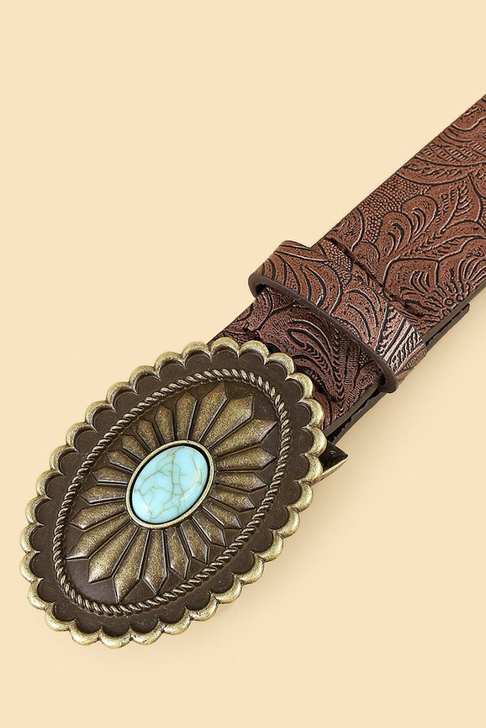 Chestnut Retro Turquoise Plate Decor Embossed Faux Leather Belt