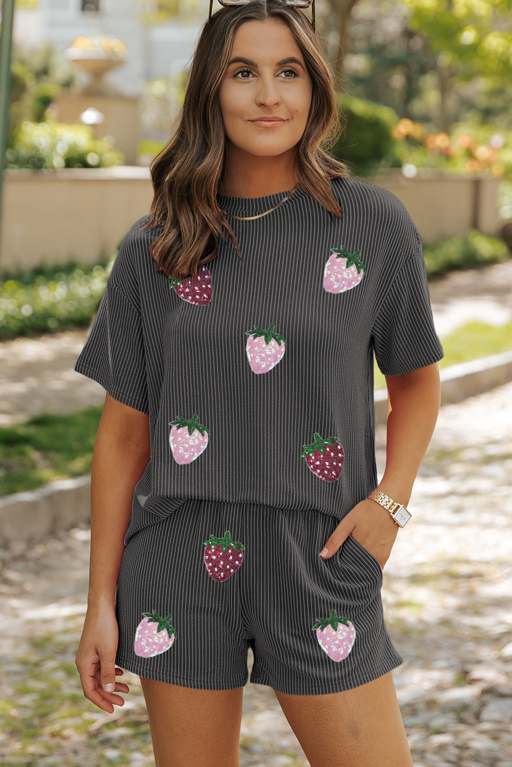 Carbon Grey Sequin Strawberry Patched Twist Ribbed Short 2pcs Outfit