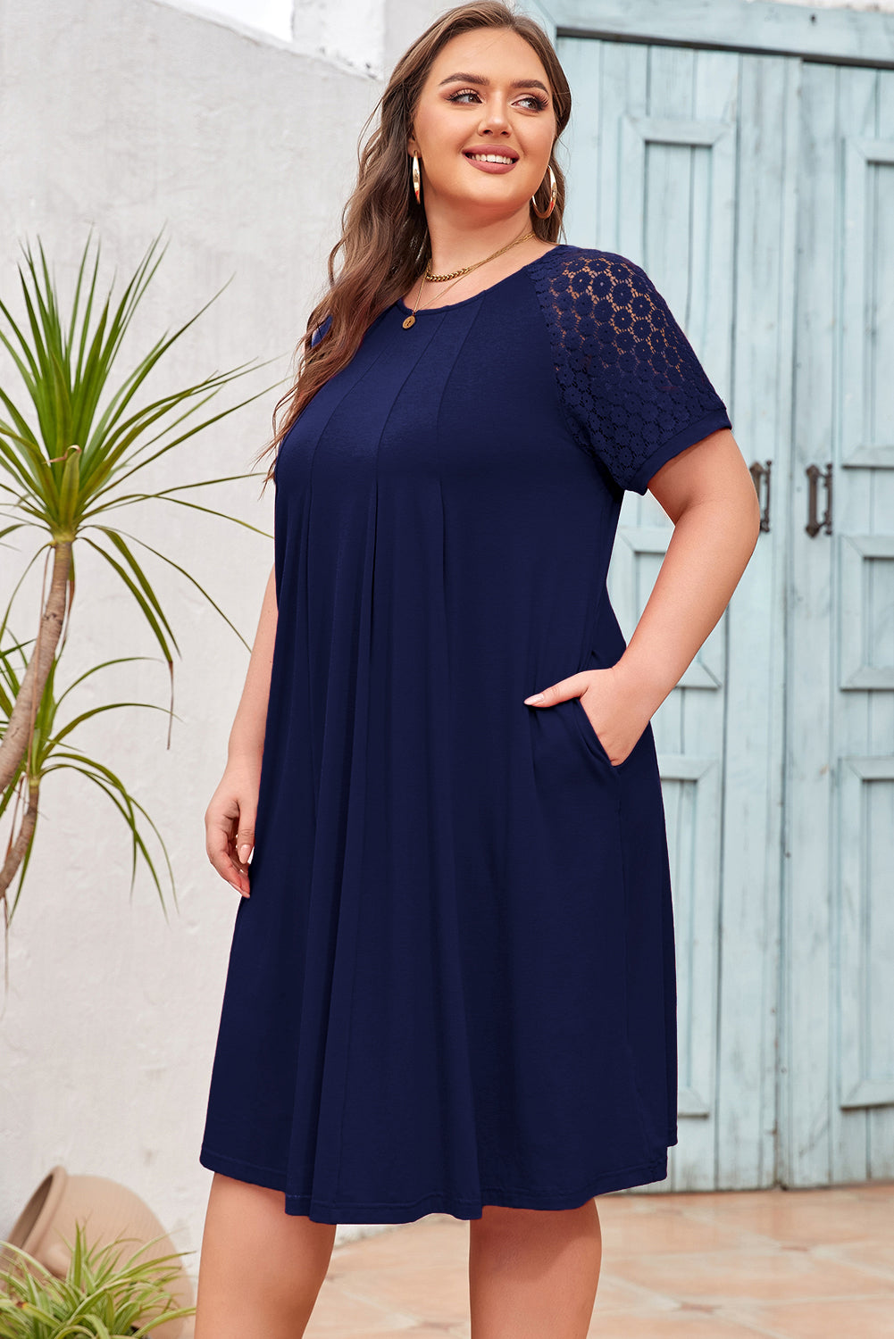 Light Pink Plus Size Solid Color Lace Short Sleeve Pleated Swing Dress