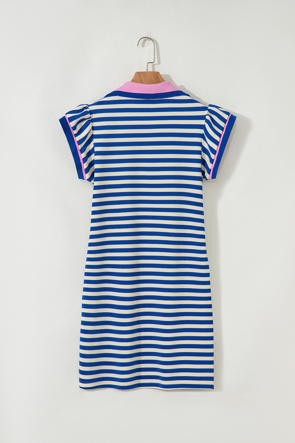 Sachet Pink Stripe Print Contrast Collar Split Neck Flutter Sleeve Short Dress