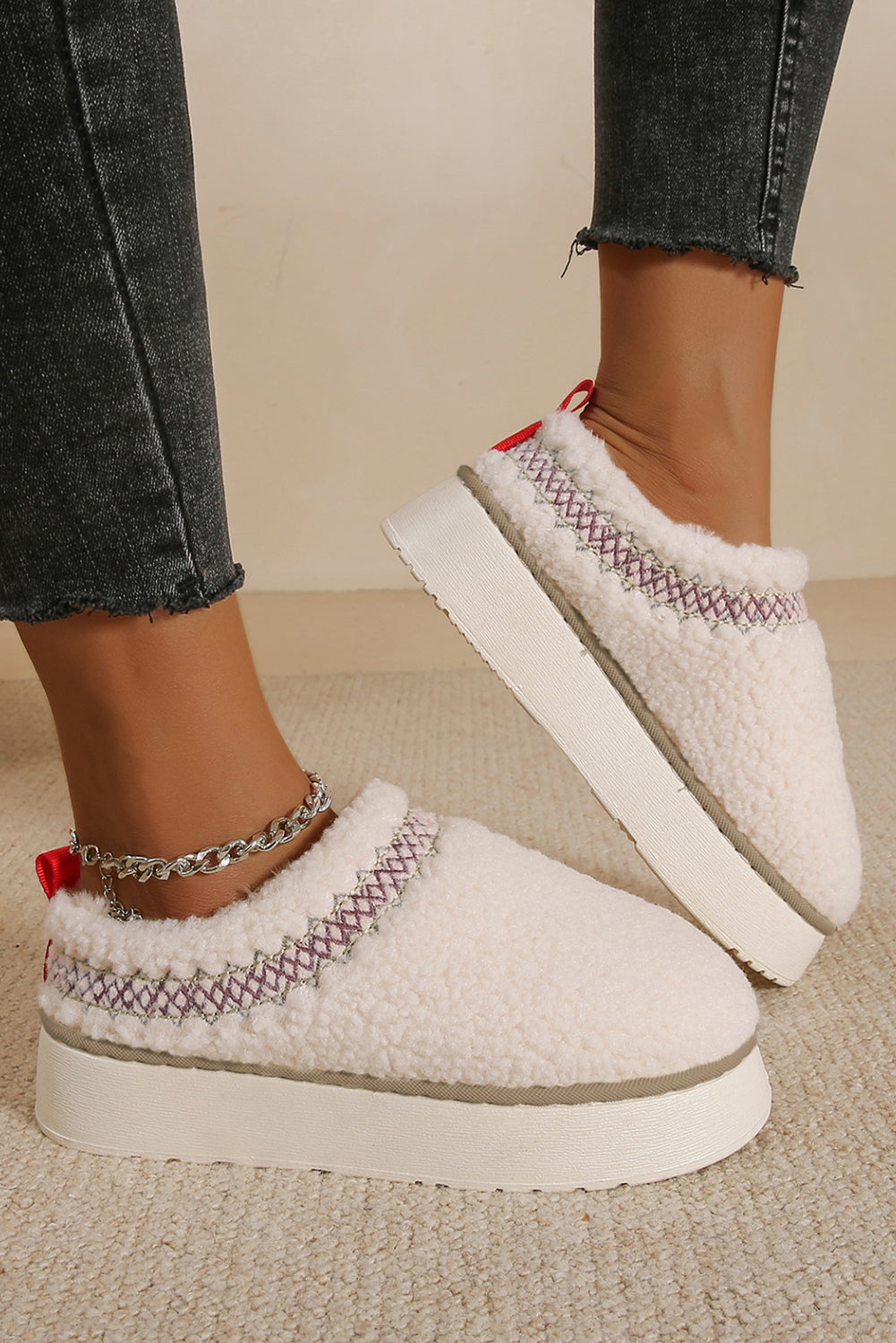 Oatmeal Embroidered Sherpa Plush Thick Sole Snow Boots