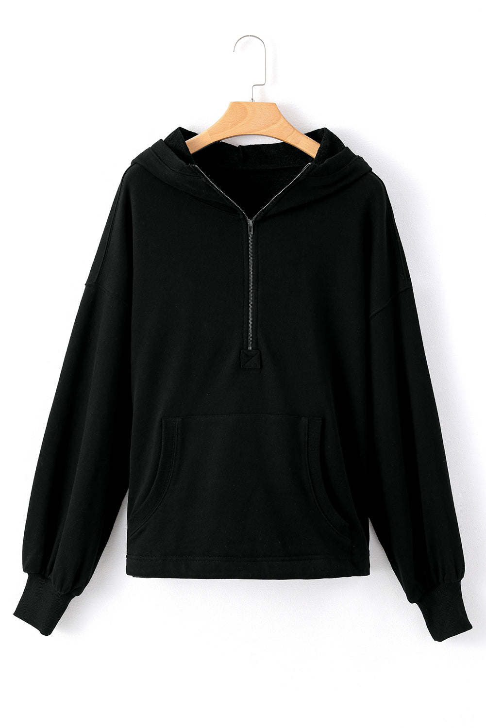 Light Grey Solid Kangaroo Pocket Half Zipper Oversized Hoodie
