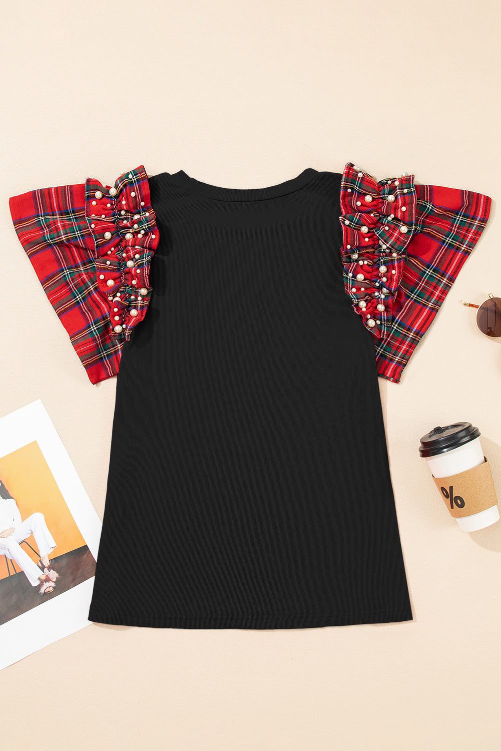 Red Festive Plaid Pearl Embellished Ruffle Short Sleeve Blouse
