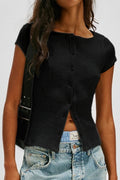 Black Solid Color Ribbed Knit Lace Trim Button Down Short Sleeve Top