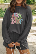 Carbon Grey Twisted Ribbed Merry & Bright Sequin Graphic Long Sleeve Top 2pcs Short Set