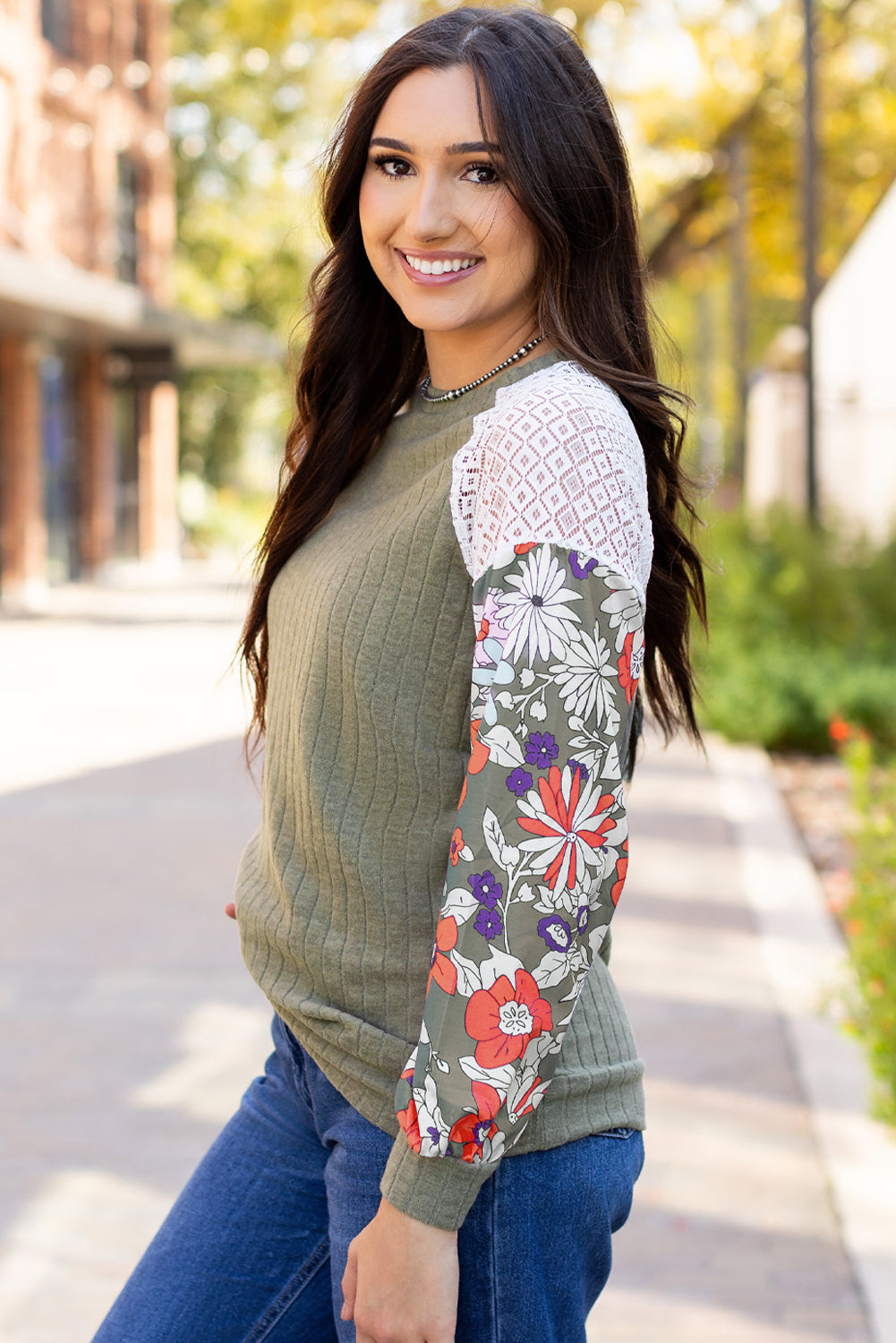 Vineyard Green Plus Size Textured Floral Patchwork Raglan Sleeve Blouse
