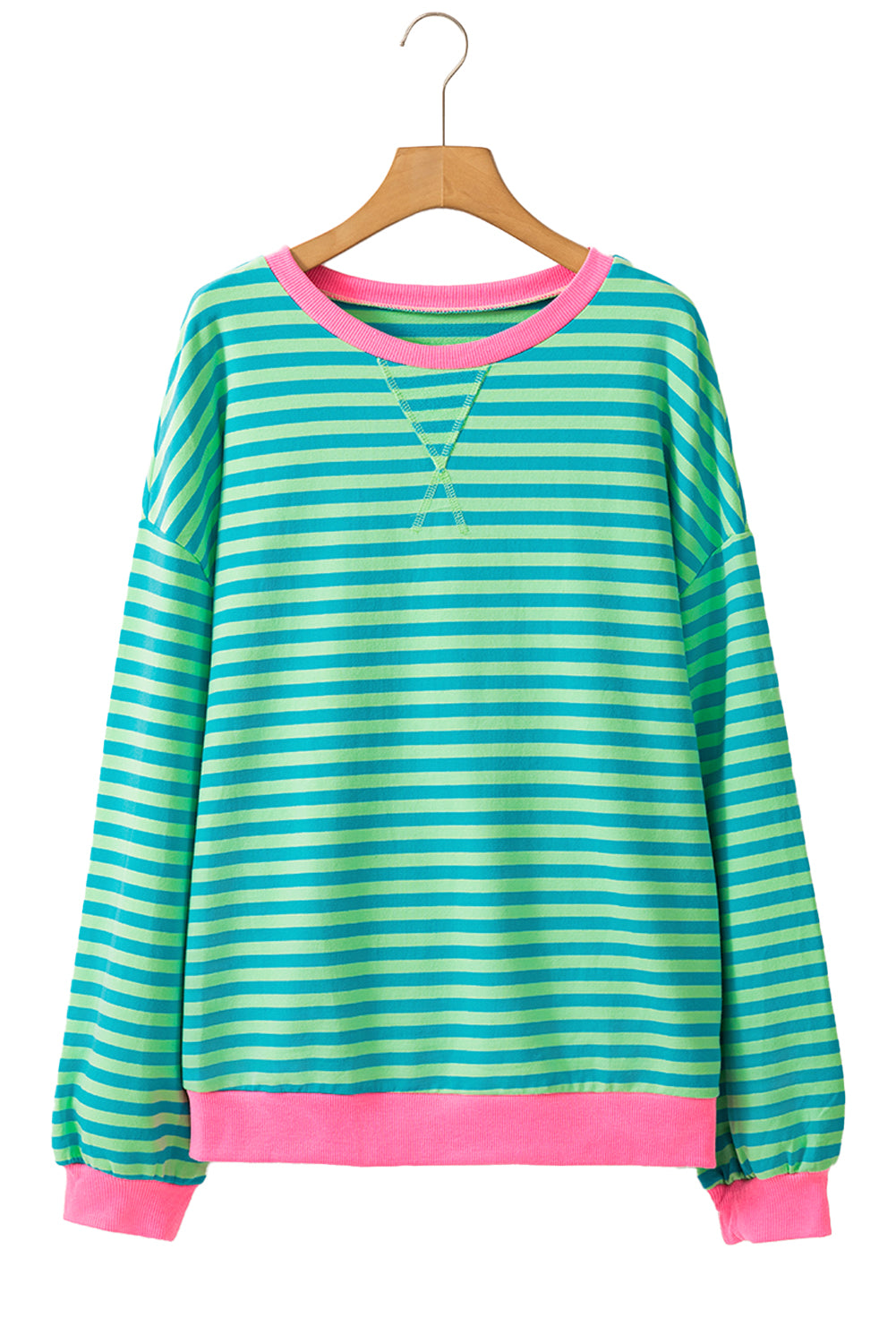 Green Stripe Oversized Contrast Trim Pullover Sweatshirt