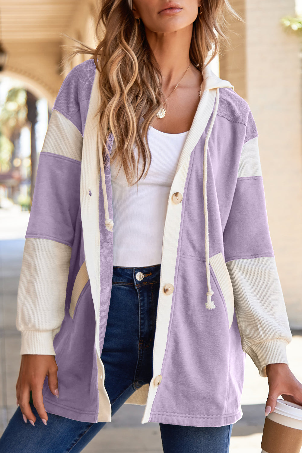 Black Waffle Contrast Knit Color Block Patchwork Button Front Oversize Hoodie
