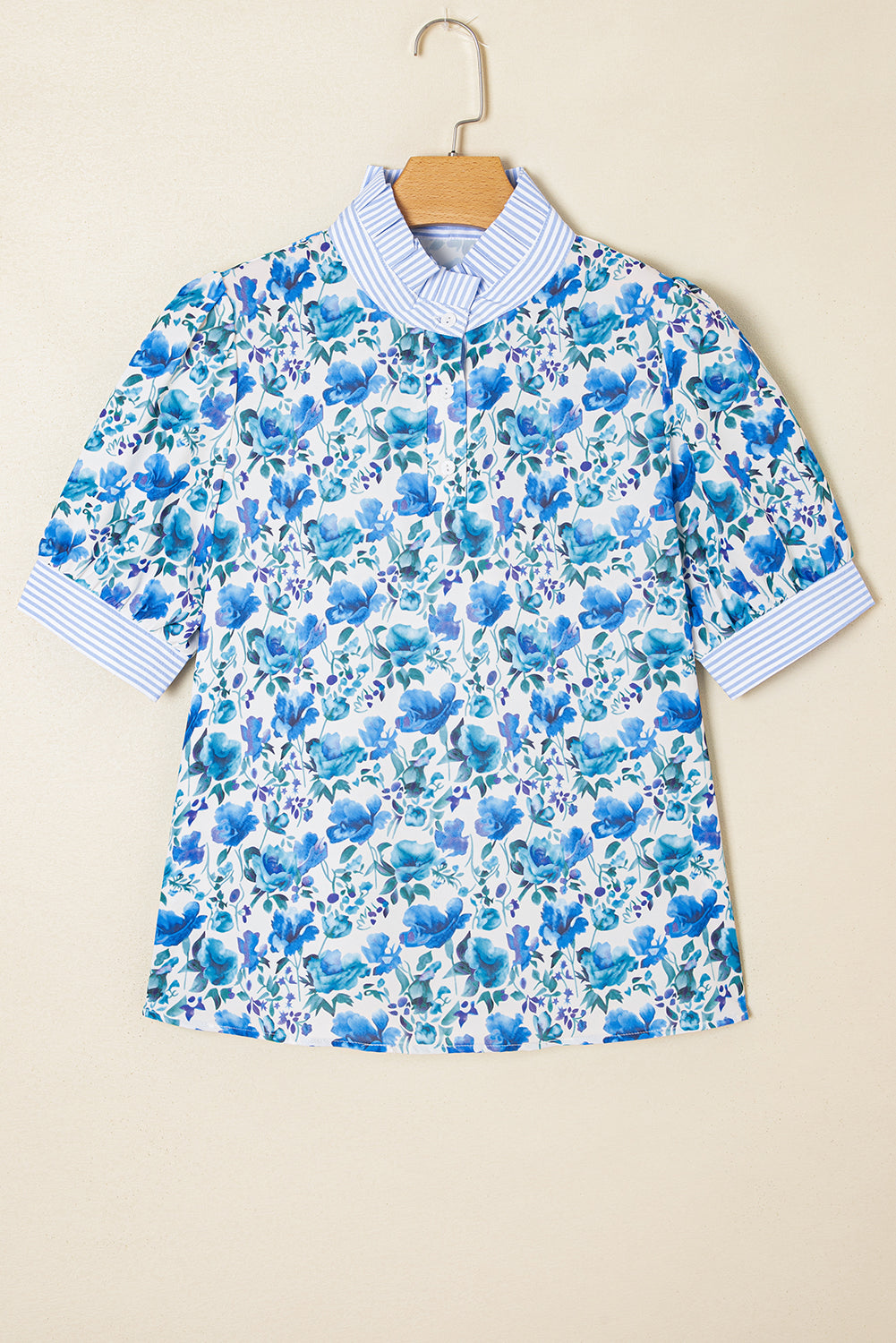 Red Floral Print Striped Patchwork Collared Short Sleeve Blouse
