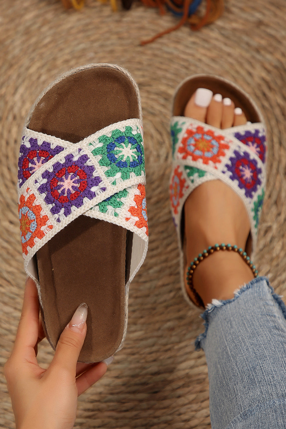 White Geometric Woven Crisscross Strap Platform Slippers
