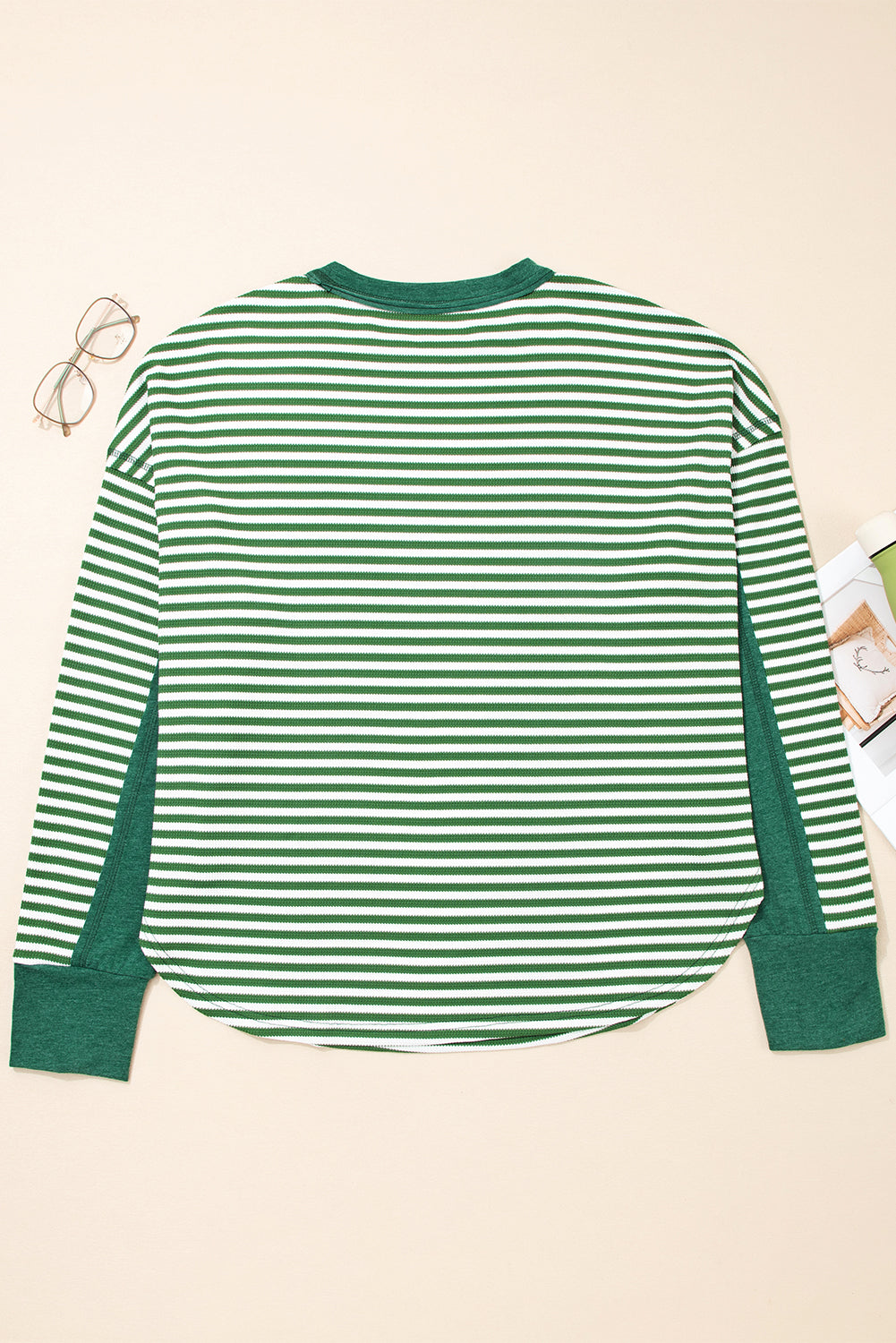 Dearlovers Green Stripe Thermal Knit Drop Shoulder Casual Top
