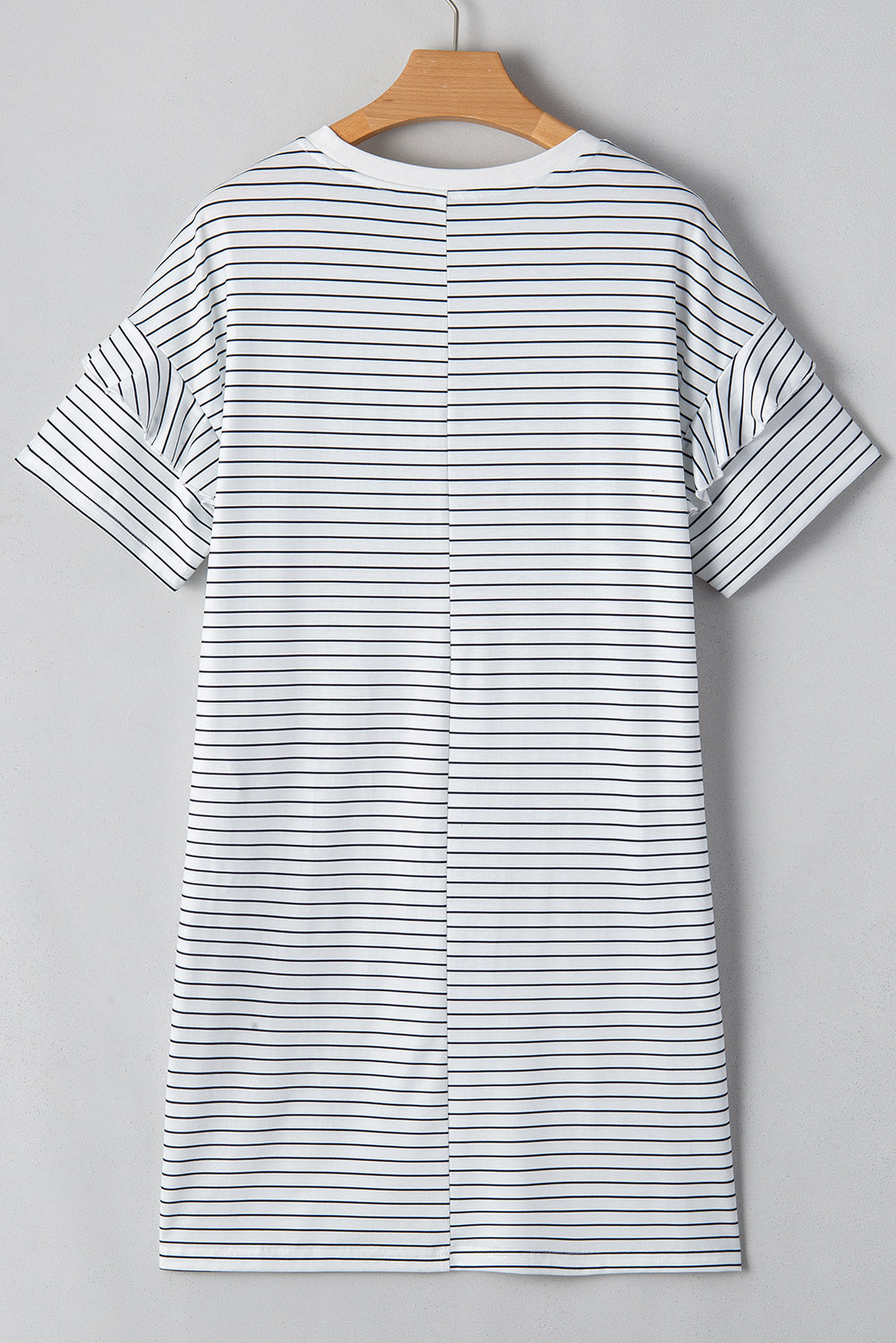 Black Stripe Ruffled Short Sleeve Crew Neck T Shirt Shift Mini Dress