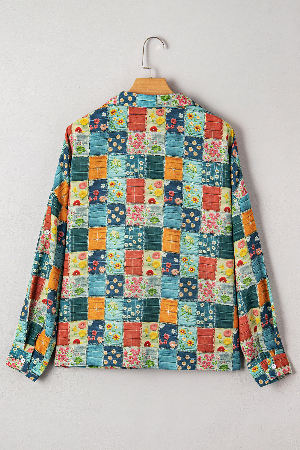 Sky Blue Mix Floral Checkered Pattern Bubble Sleeve Ruffle Hem Dress