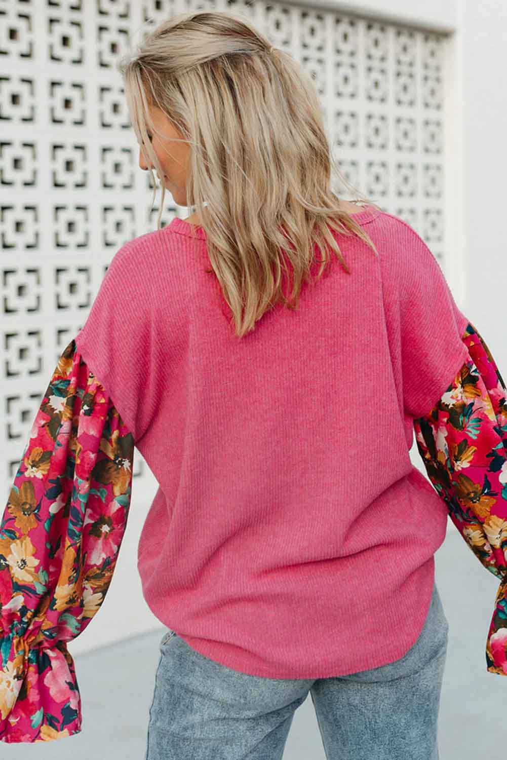 Bright Pink Floral Patchwork Flounce Sleeve Rib Knit Plus Top