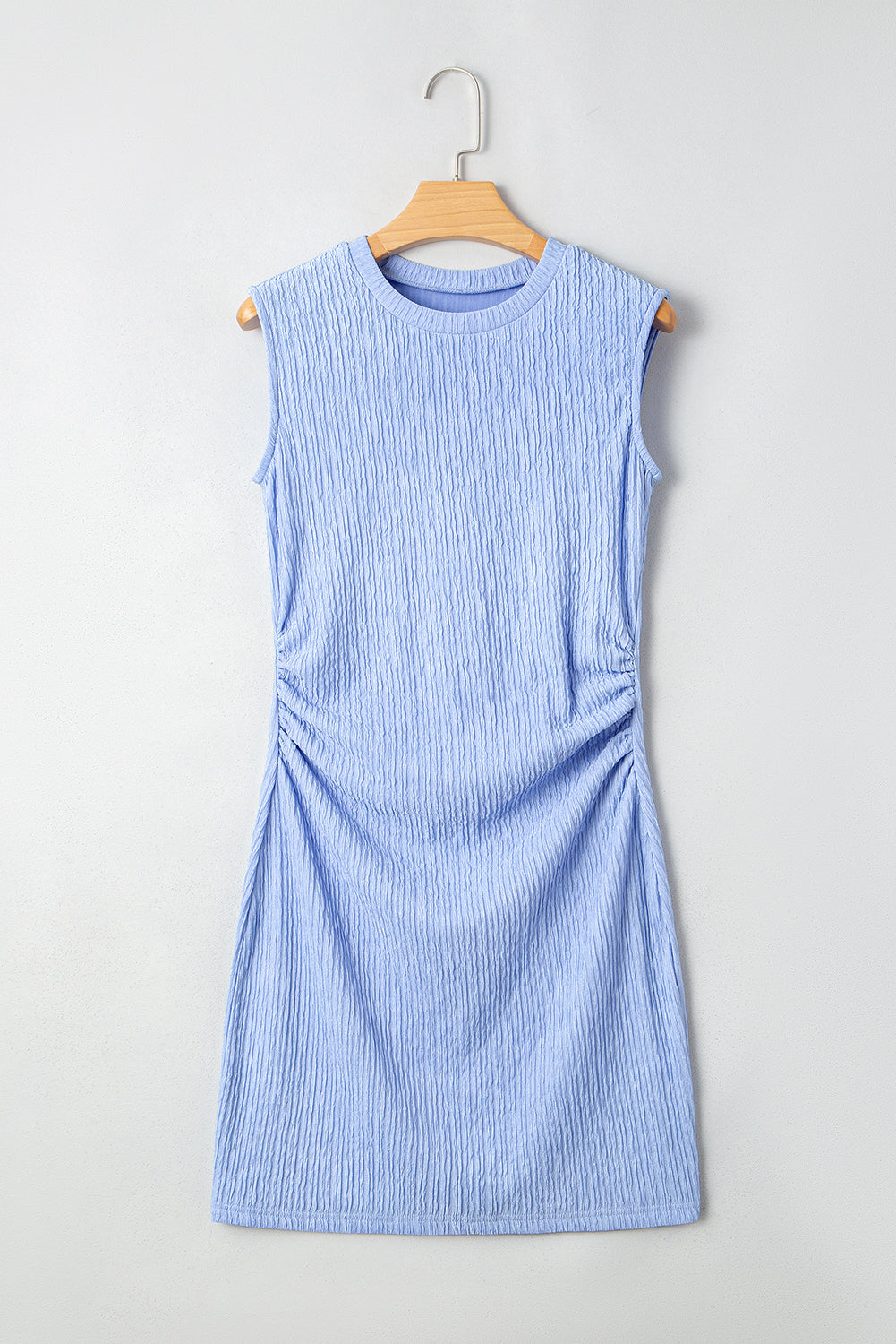 Sky Blue Solid Color Textured Ruched Side Bodycon Tank Dress