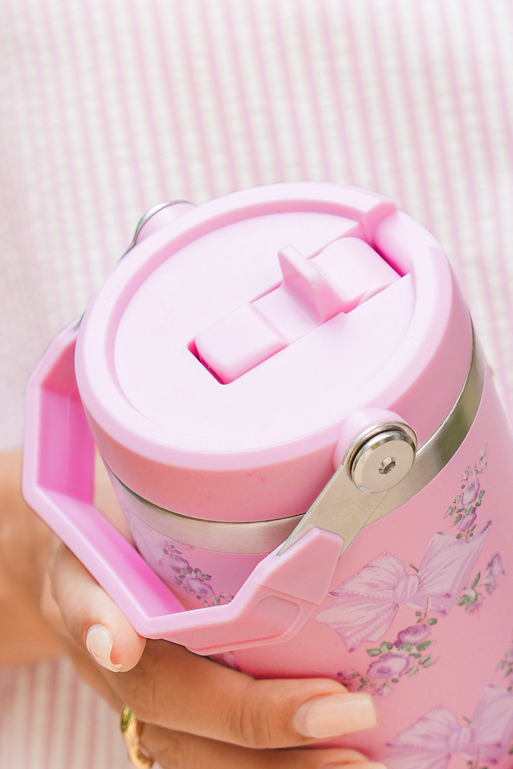 Pink 30OZ Bow Floral Print Flip Handle Straw Tumbler