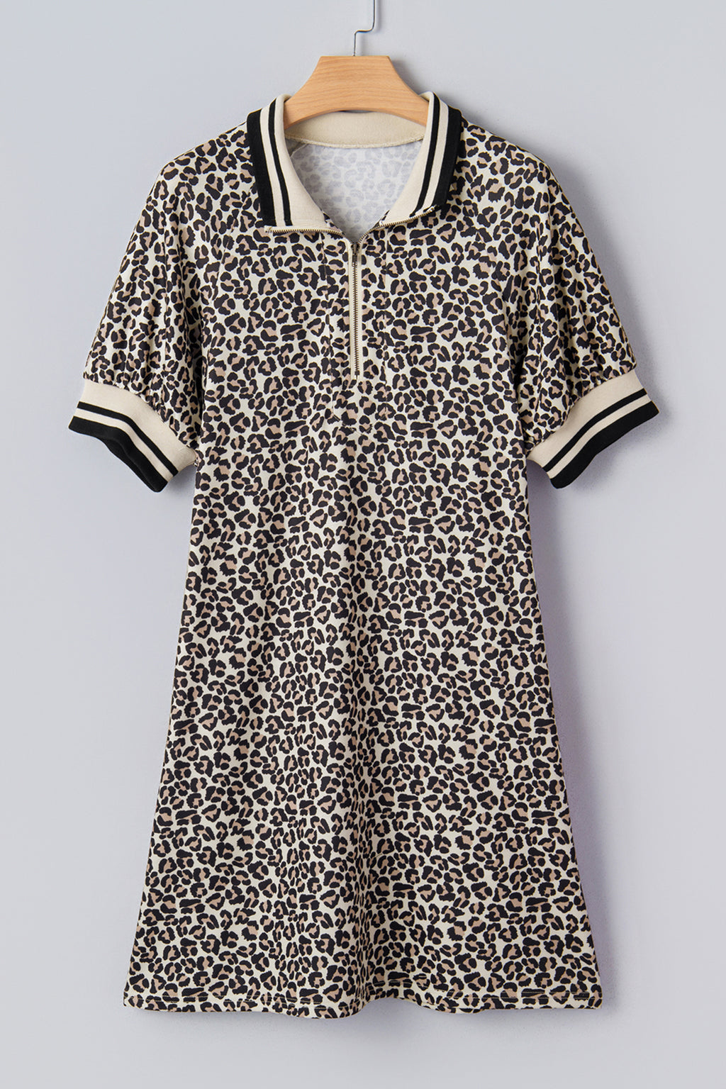 Brown Leopard Print Half Zip Striped Trim Patchwork Short Sleeve Top