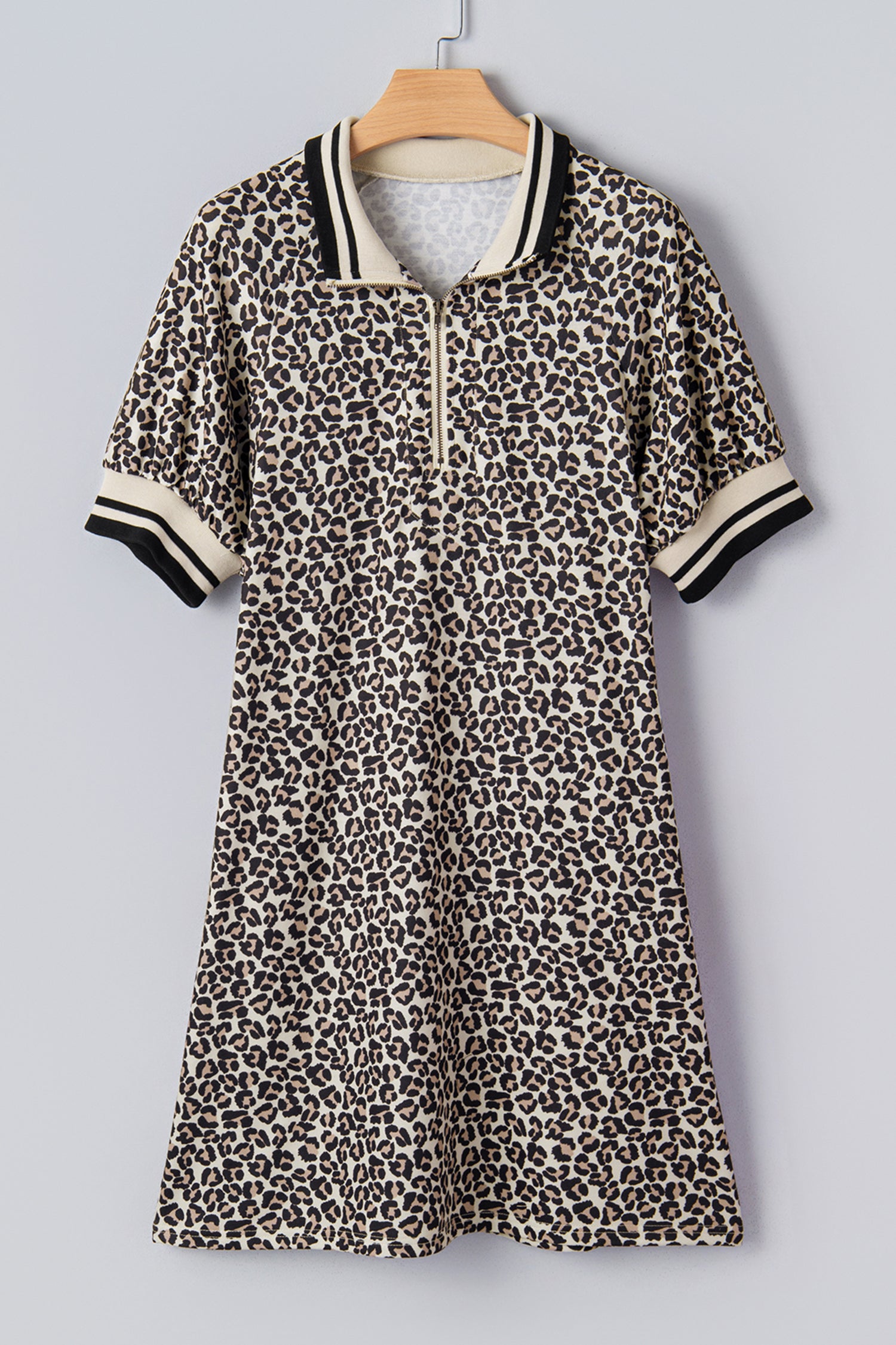 Brown Leopard Print Half Zip Striped Trim Patchwork Short Sleeve Top