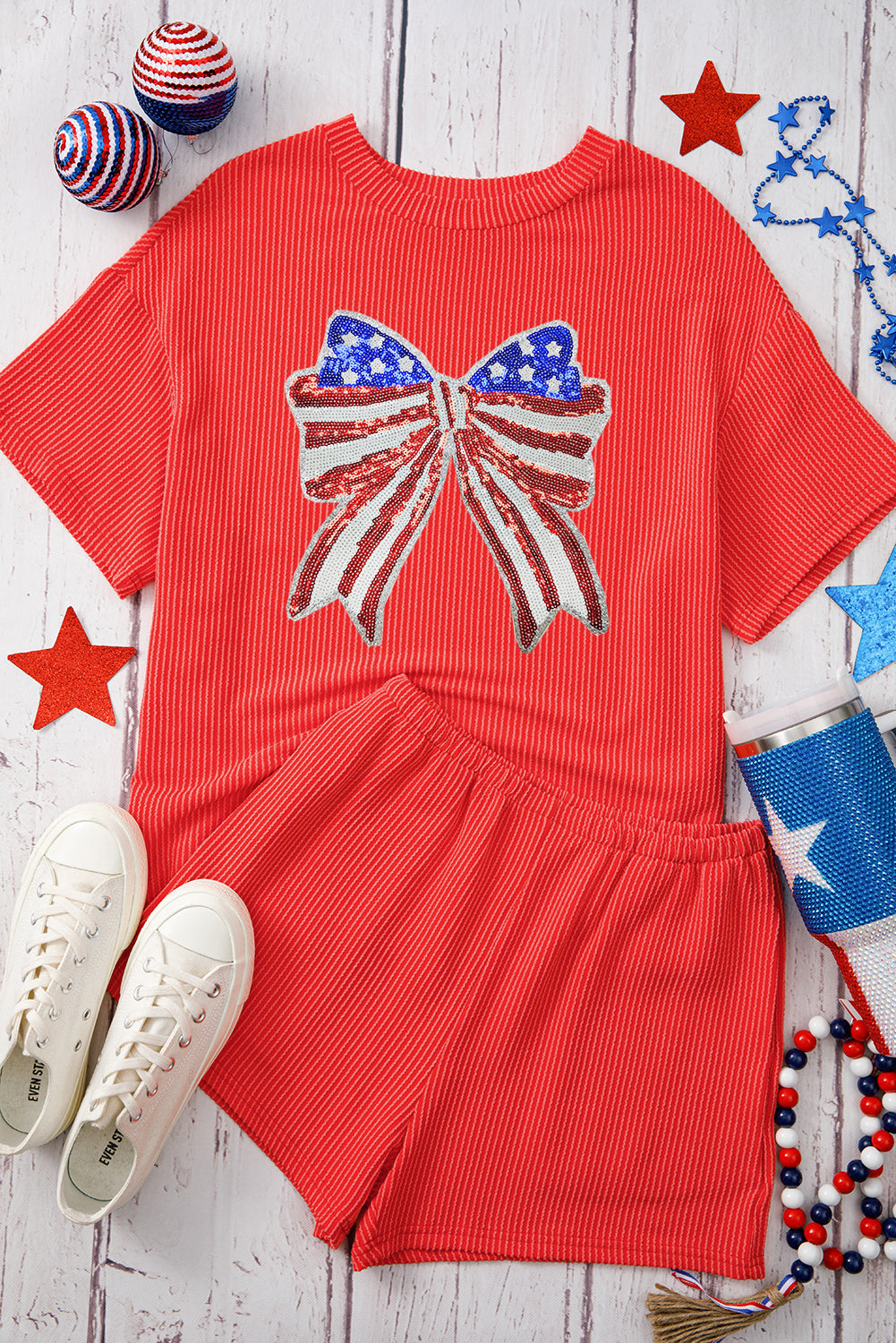 Carbon Grey Independence Day Sequin Bow Graphic Twist Rib Textured Short Set