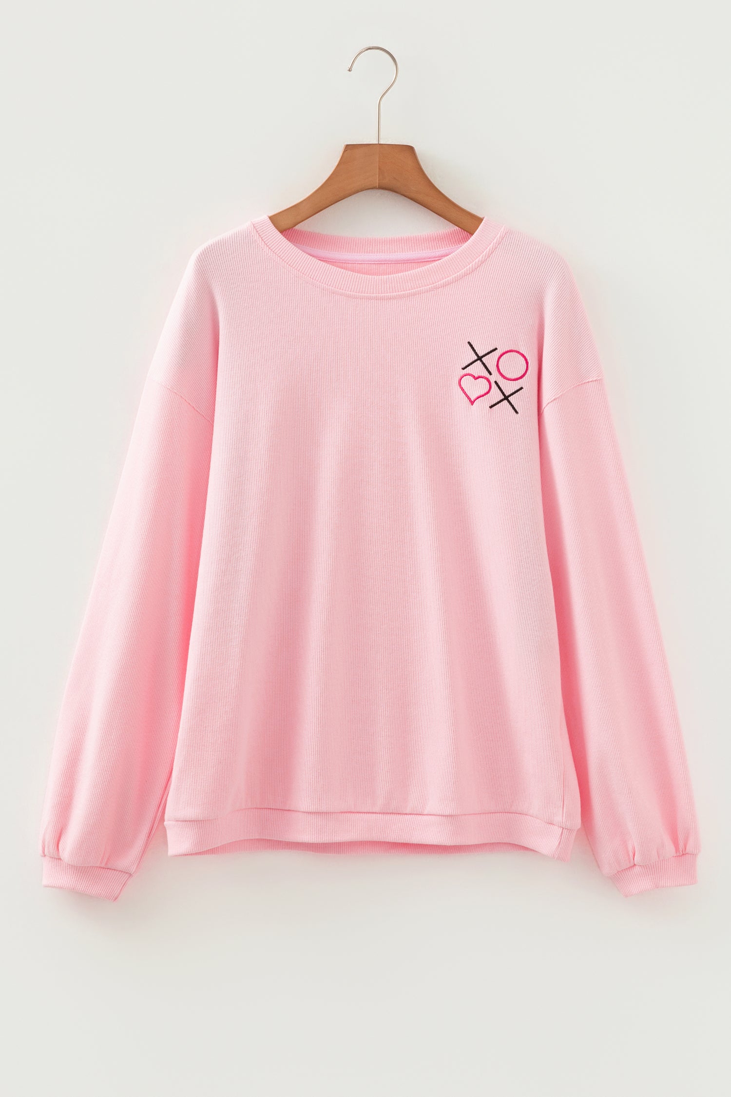 White 3d Ribbed XOXO Heart Embroidered Drop Shoulder Sweatshirt