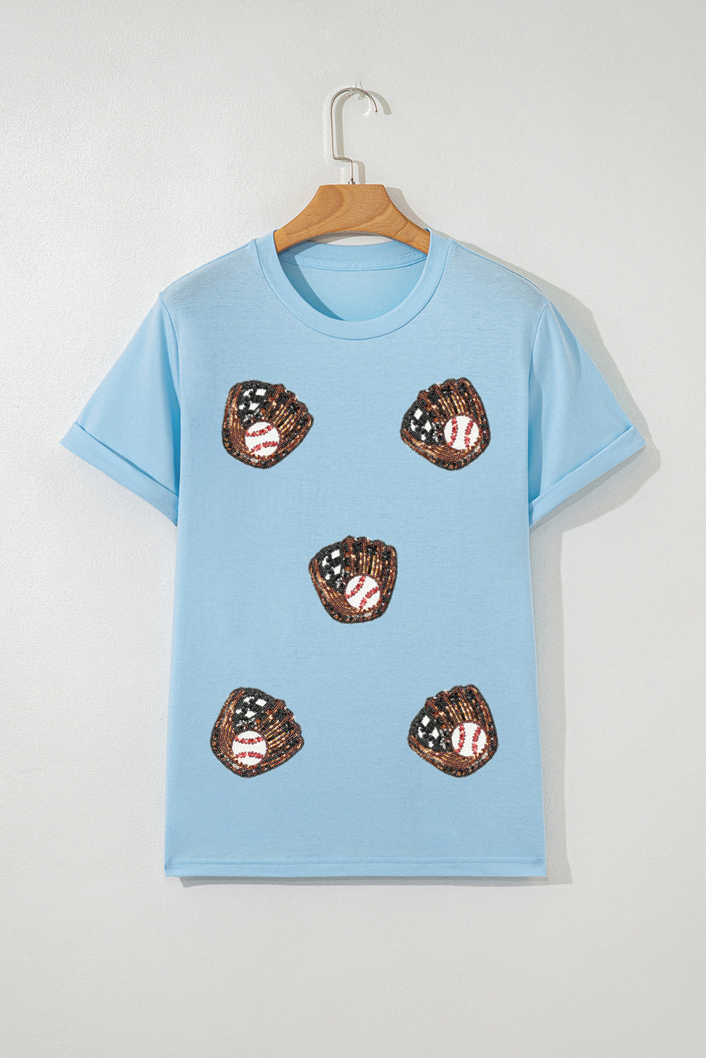 Light Blue Gopher Ball Sequin Patched Casual T Shirt